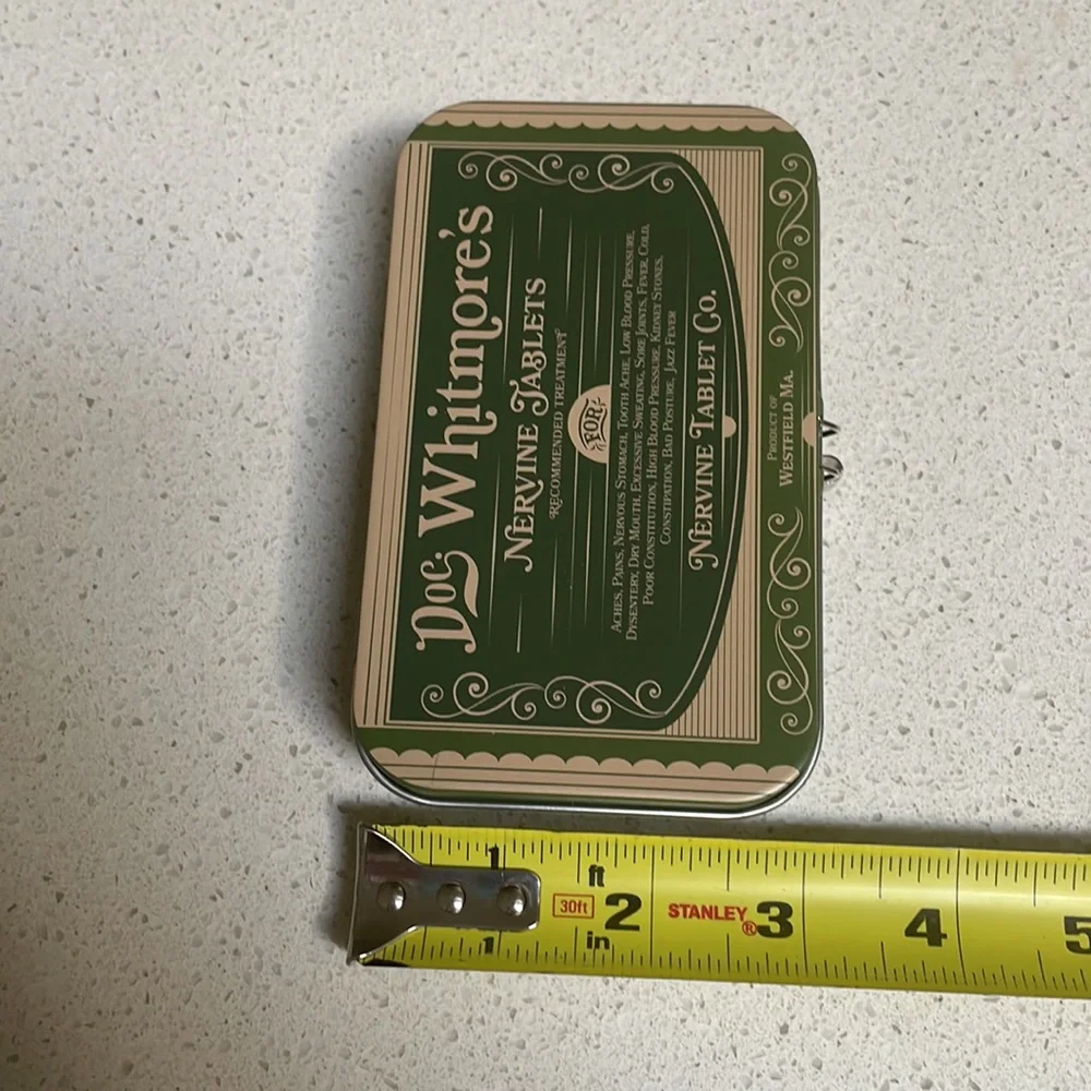 Vintage-inspired Doc Whitmore’s nervine tablets metal trinket tin